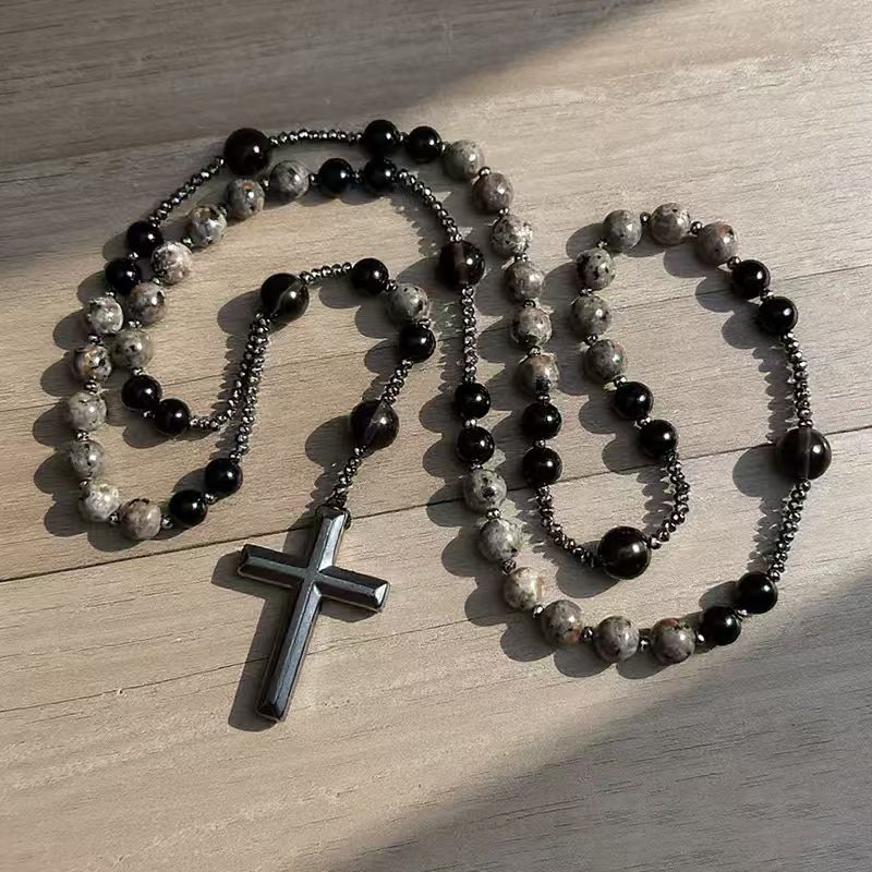 ✝️Natural Obsidian Yooperlite RosaryNecklace, UV Reactive EnergyProtection Healing Crystal detail view