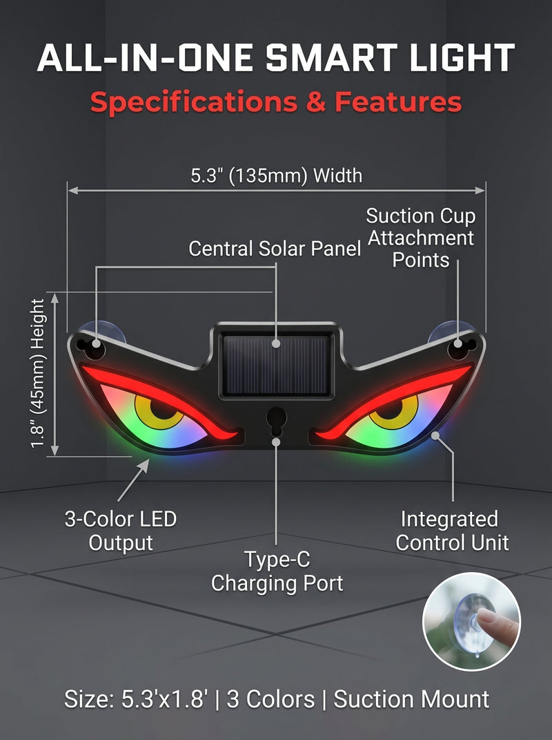 😈 Devil eye LED effect, high visibility at night! ☀️ Solar + Type-C dual charging, no wiring needed! detail view