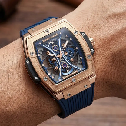 Luxury Skeleton Watch for Men — Rose Gold & Blue | MEGIR