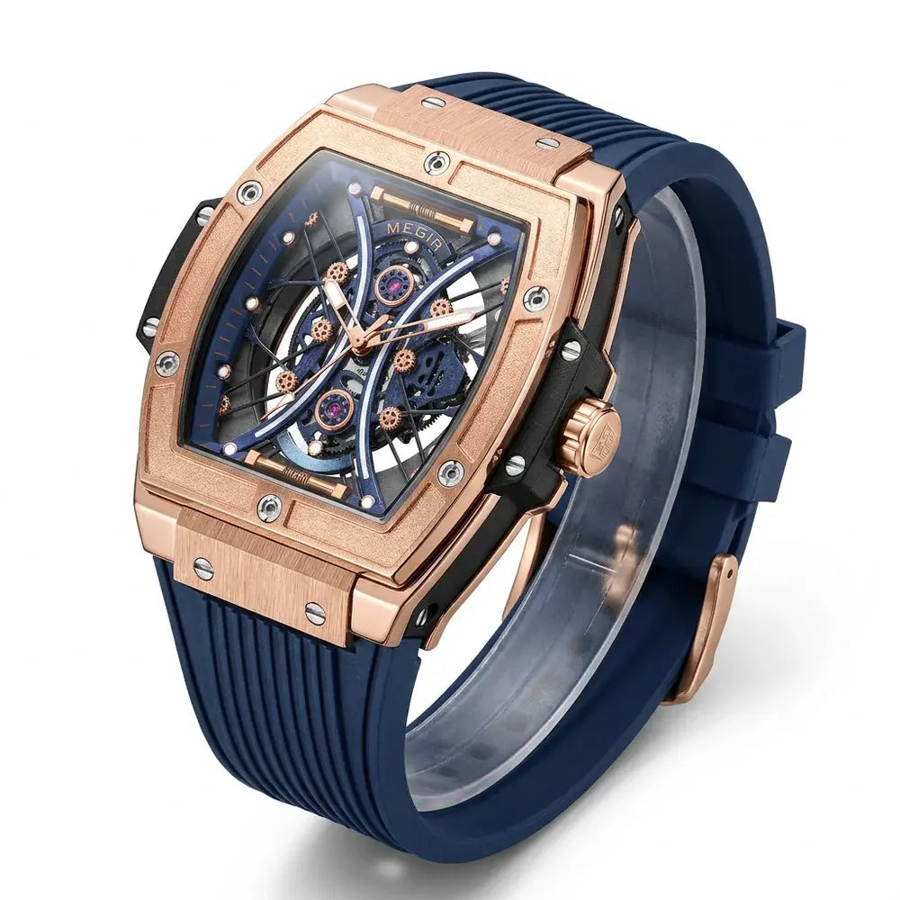 Luxury Skeleton Watch for Men — Rose Gold & Blue | MEGIR