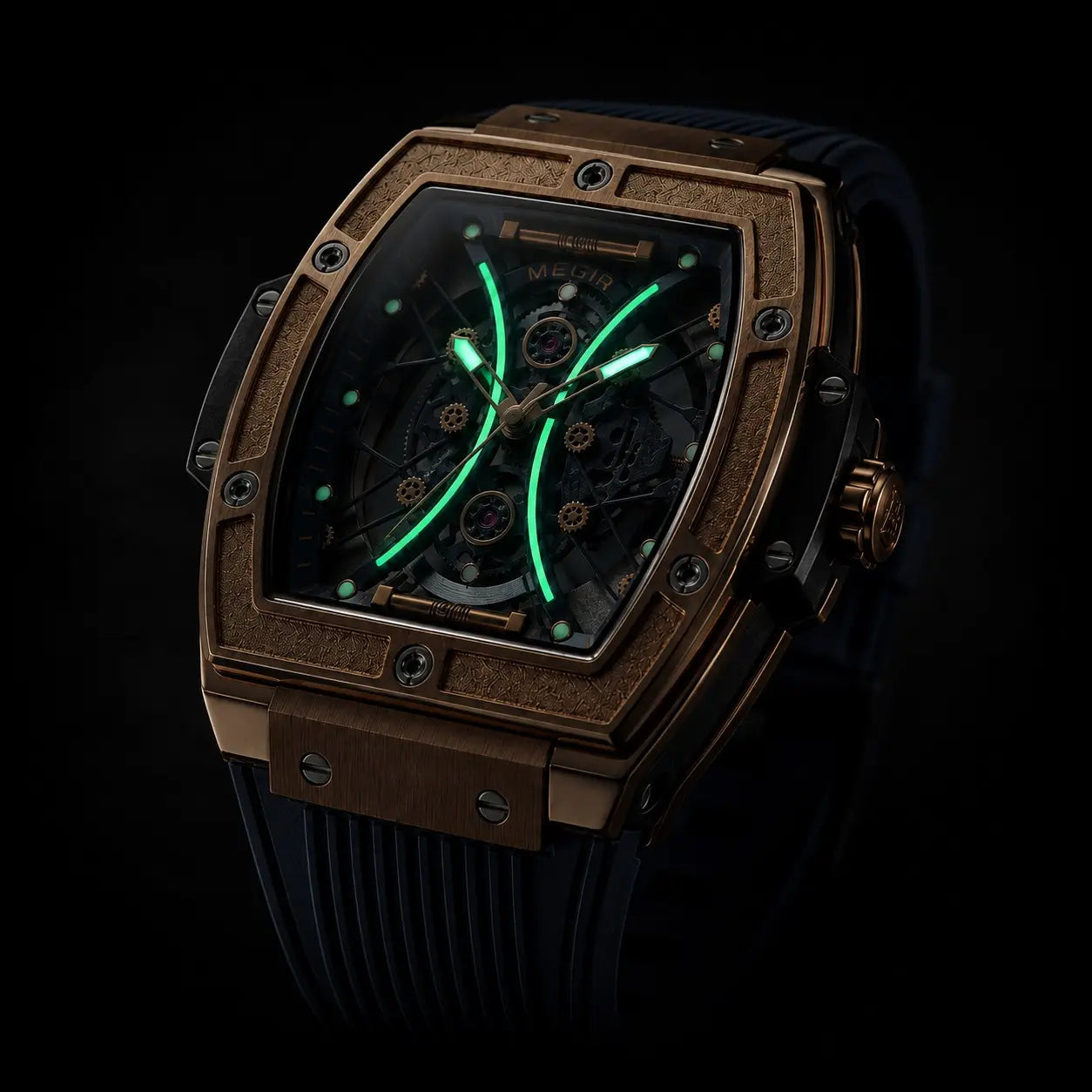 Luxury Skeleton Watch for Men — Rose Gold & Blue | MEGIR