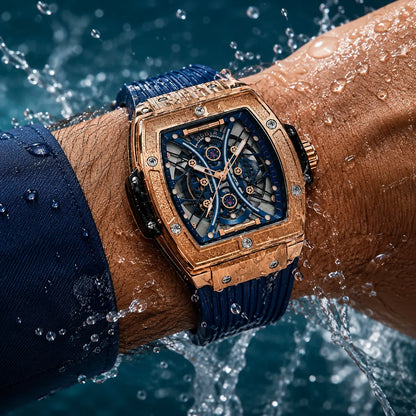 Luxury Skeleton Watch for Men — Rose Gold & Blue | MEGIR